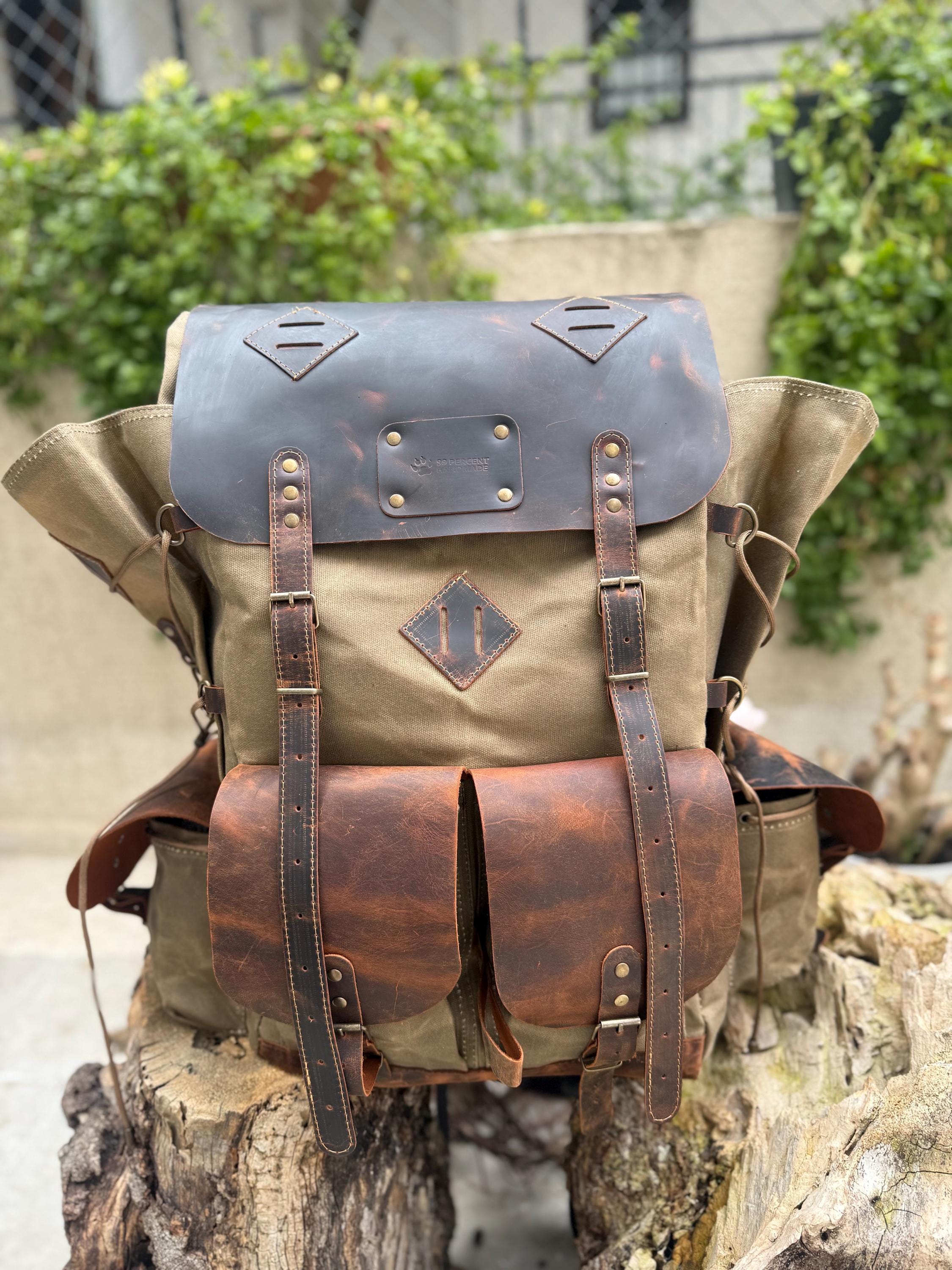 Waxed Canvas Backpack with Leather Details, 50 L