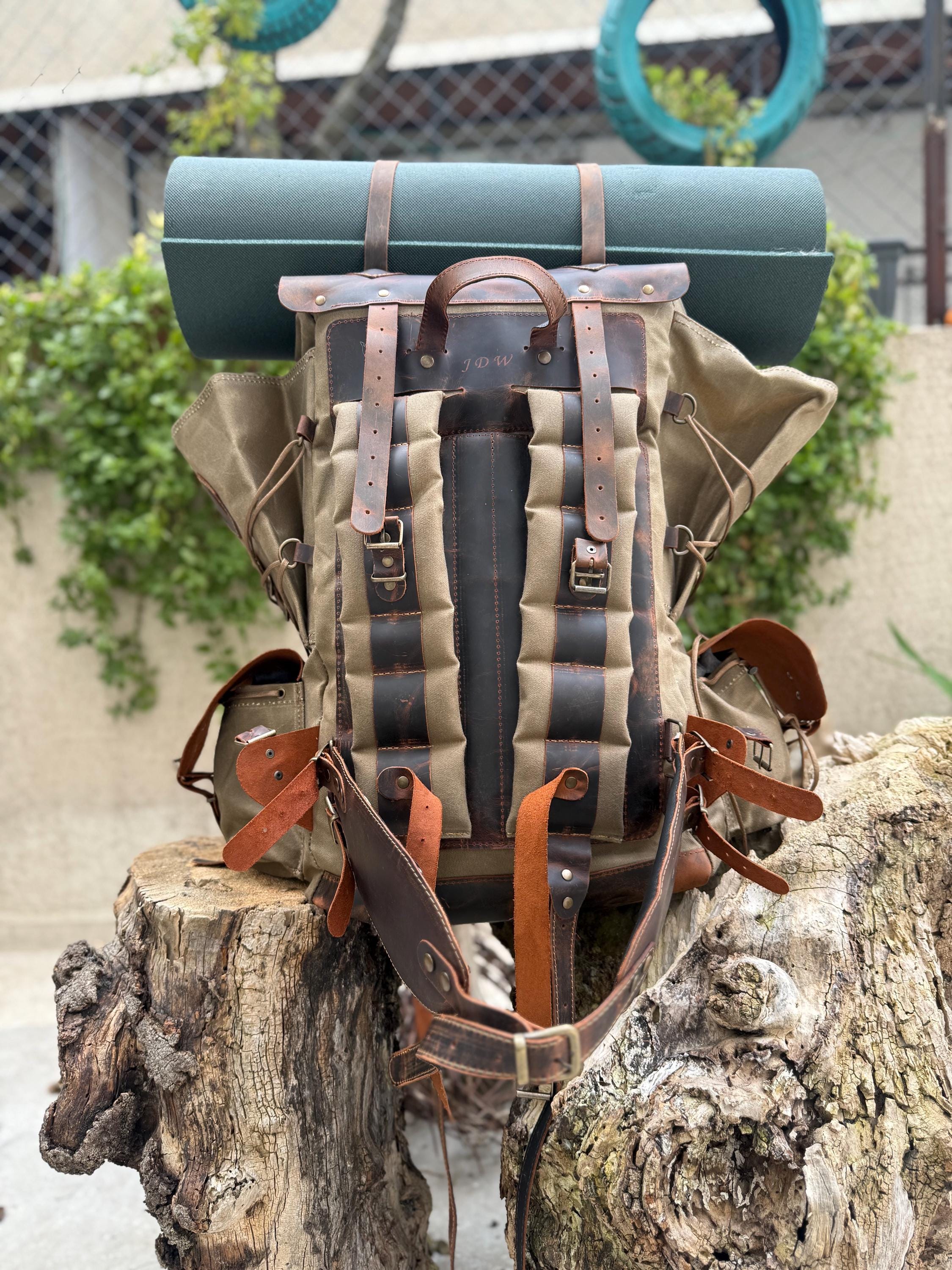 Waxed Canvas Backpack with Leather Details, 50 L