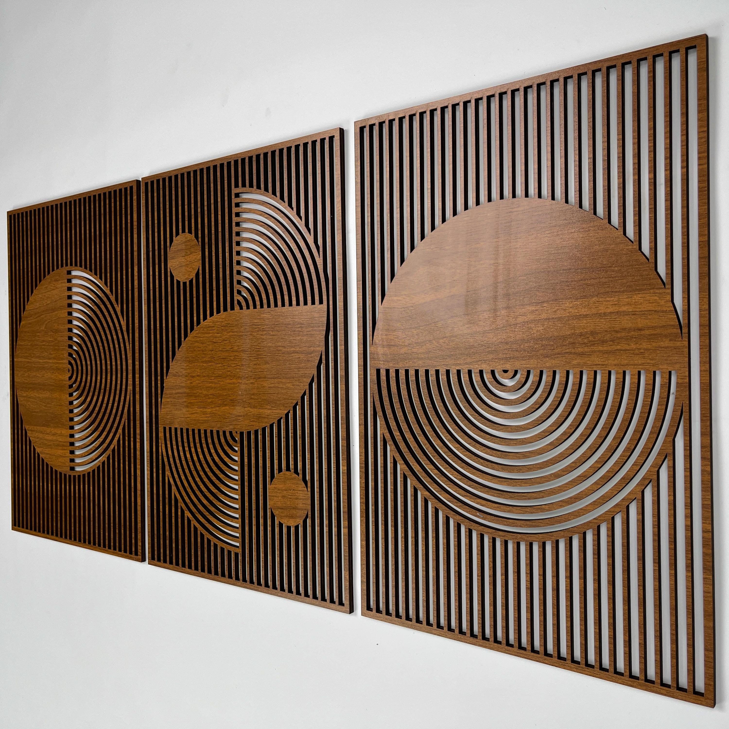 Abstract Boho Wood Wall Art, Bauhaus Inspired Geometric Design, Mid Century Modern Wall Decor, 3 Panel Wooden Set