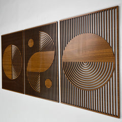 Abstract Boho Wood Wall Art, Bauhaus Inspired Geometric Design, Mid Century Modern Wall Decor, 3 Panel Wooden Set
