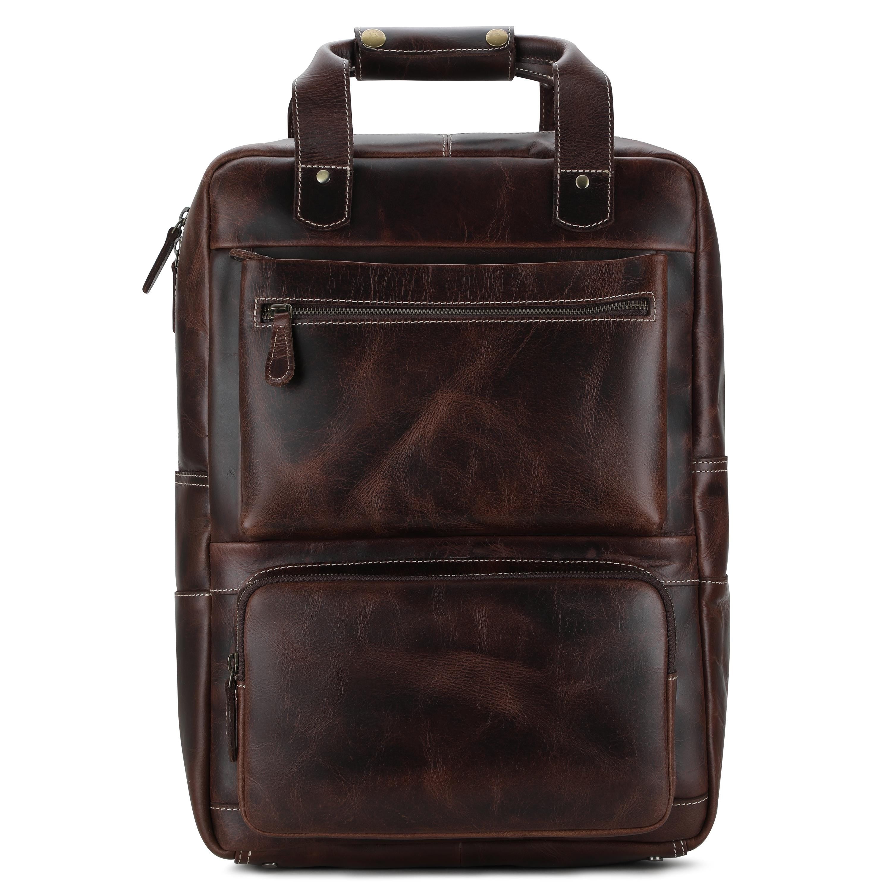Leather Laptop Backpack Large Capacity Weekender Overnight Camping Rucksack Multi-Pocket Bag