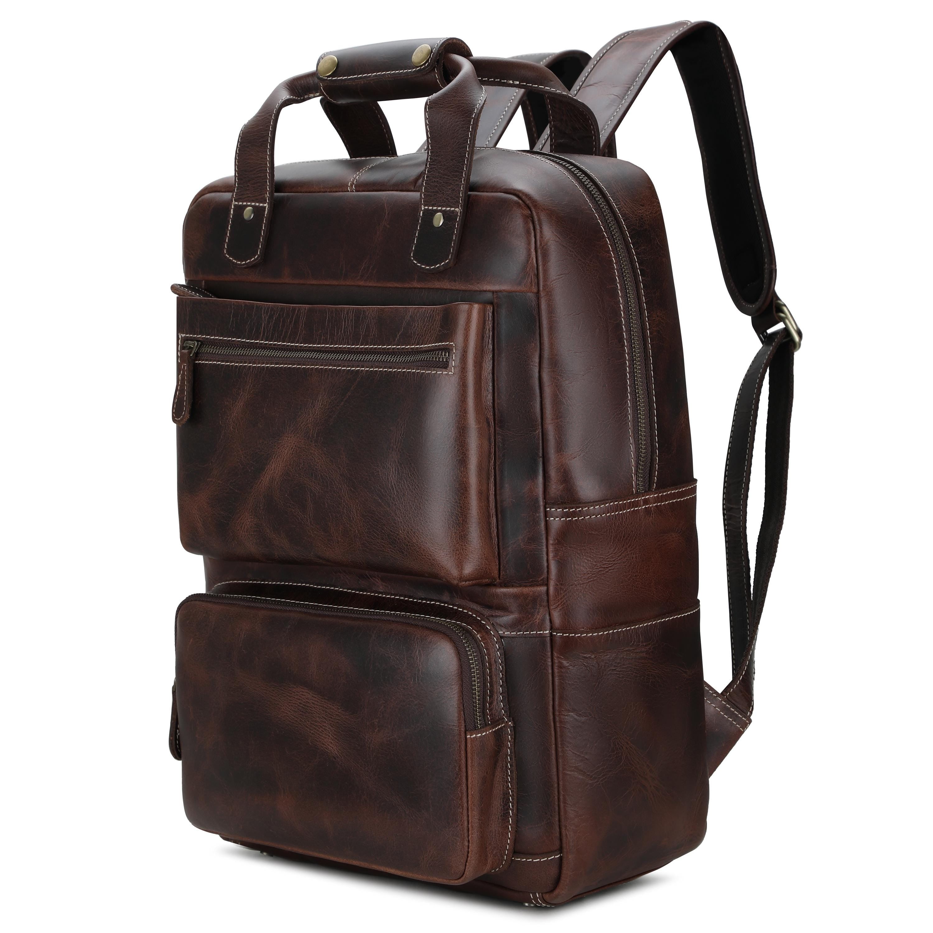 Leather Laptop Backpack Large Capacity Weekender Overnight Camping Rucksack Multi-Pocket Bag