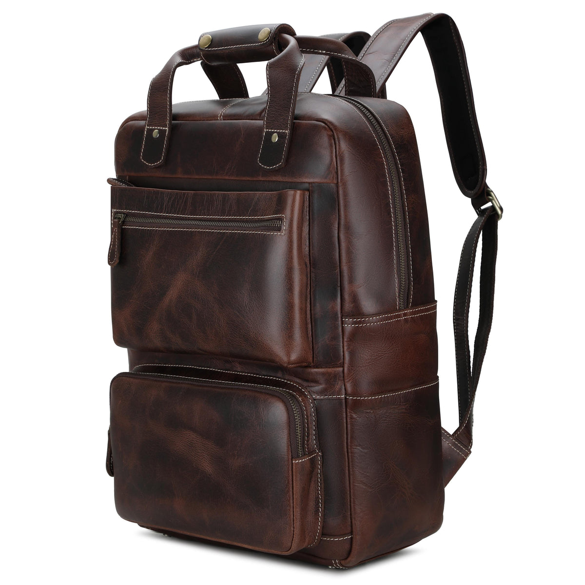 Leather Laptop Backpack Large Capacity Weekender Overnight Camping Rucksack Multi-Pocket Bag
