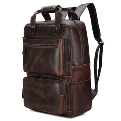 Leather Laptop Backpack Large Capacity Weekender Overnight Camping Rucksack Multi-Pocket Bag