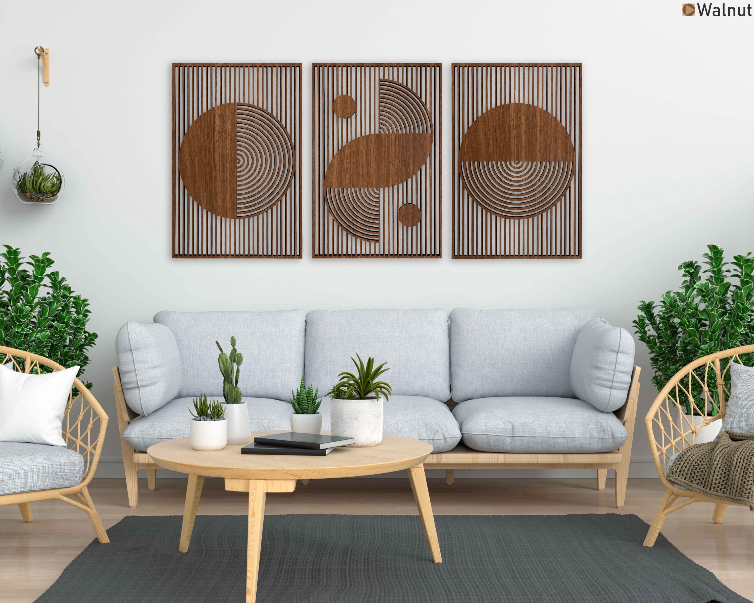 Abstract Boho Wood Wall Art, Bauhaus Inspired Geometric Design, Mid Century Modern Wall Decor, 3 Panel Wooden Set