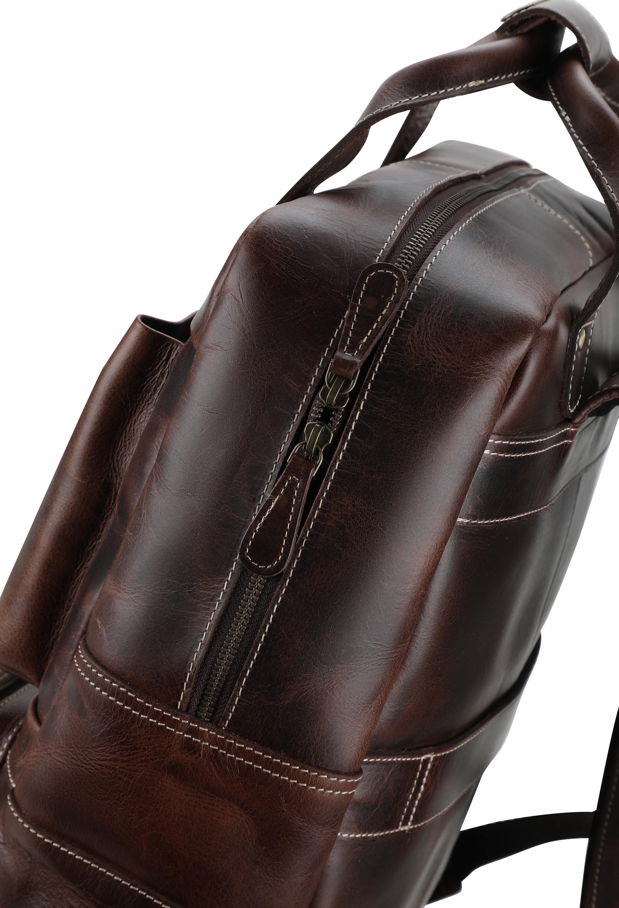 Leather Laptop Backpack Large Capacity Weekender Overnight Camping Rucksack Multi-Pocket Bag