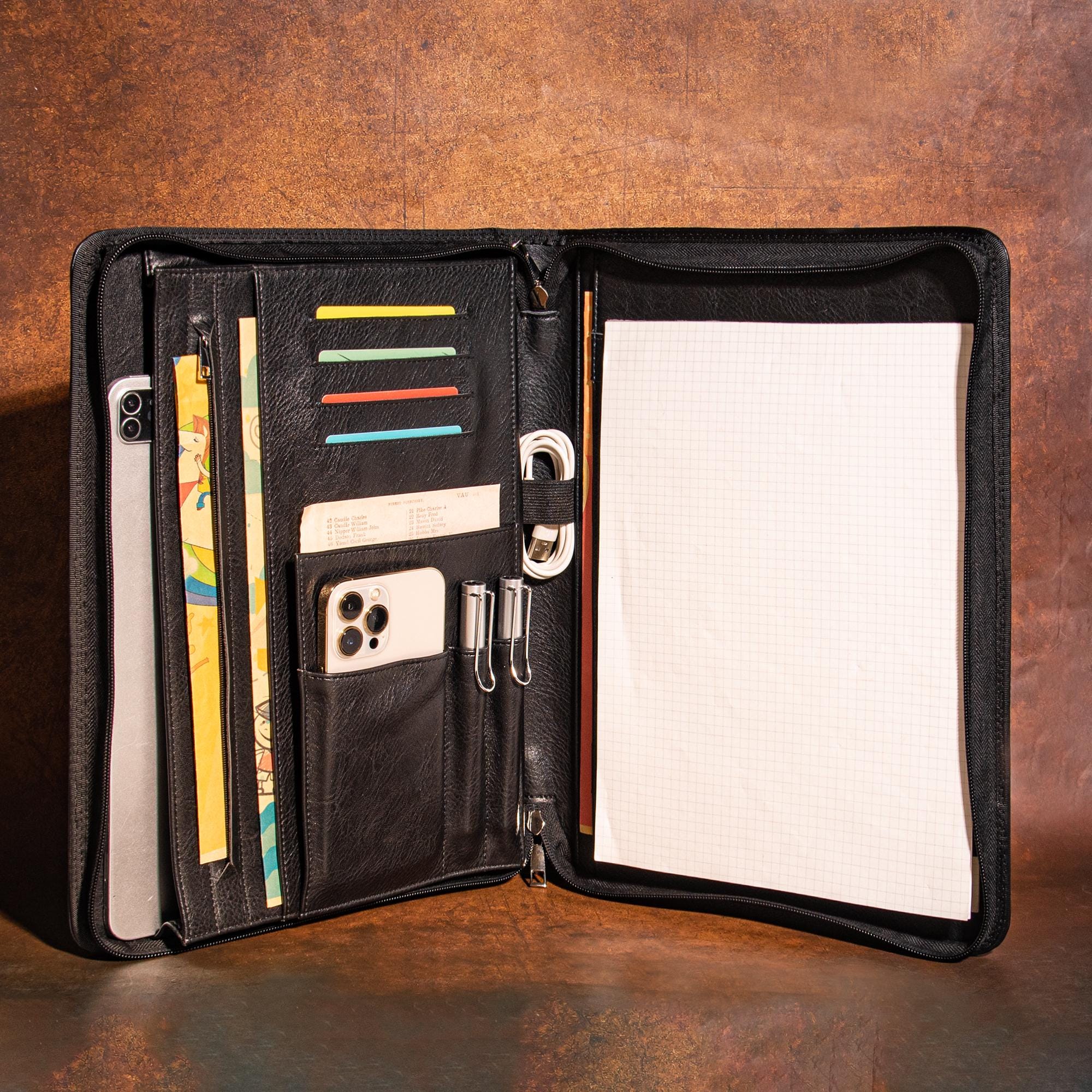 Personalized Padfolio with Name/Logo, Vintage Black Leather Portfolio for Men, A4 Custom Journal Cover, Company Party Gift