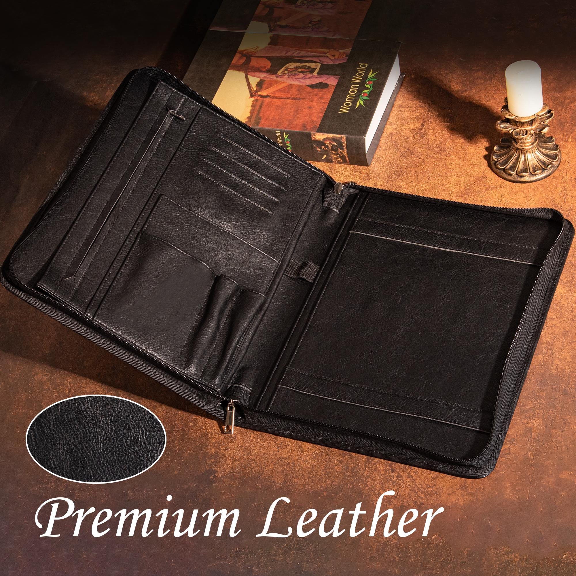 Personalized Padfolio with Name/Logo, Vintage Black Leather Portfolio for Men, A4 Custom Journal Cover, Company Party Gift