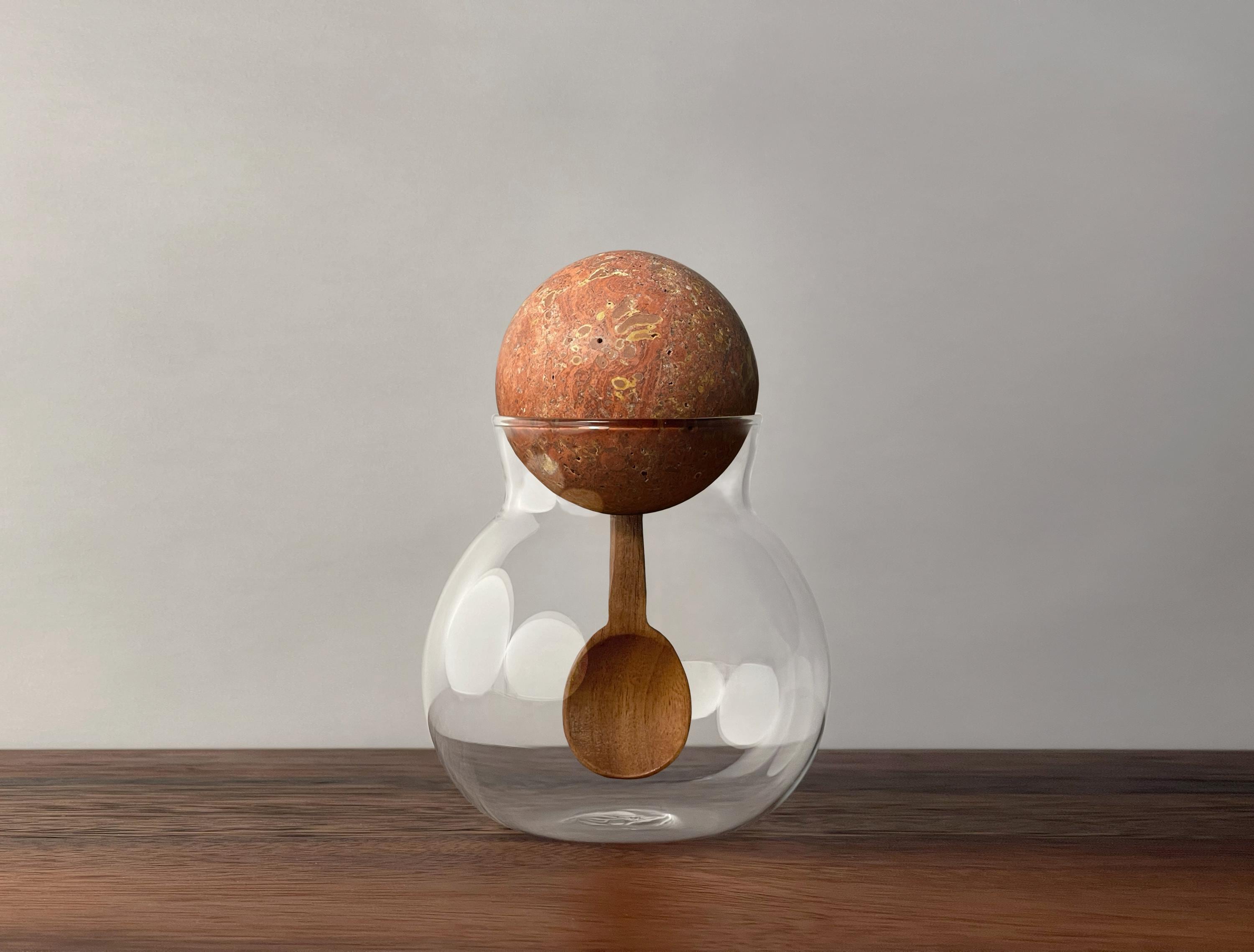 Decorative Spherical Glass Container with Stone Lid and Acacia Wood Spoon