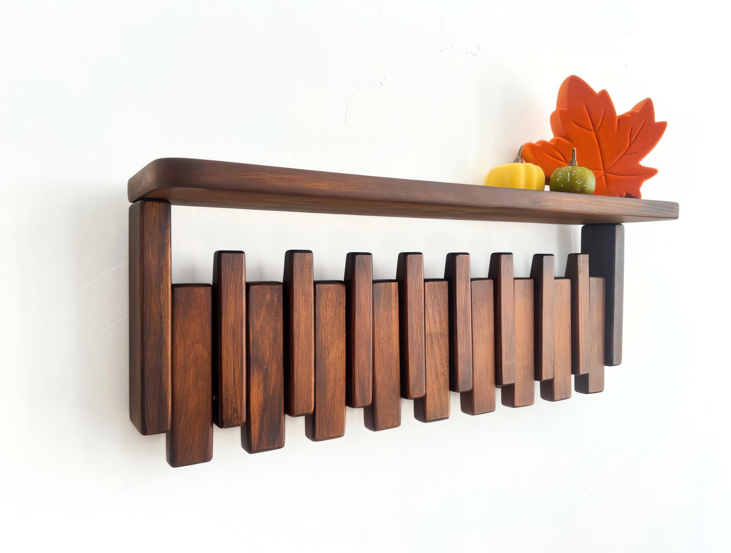 Solid Wood Piano Coat Rack Shelf, Floating Shelf with Hooks, Modern Entryway Mudroom Organizer