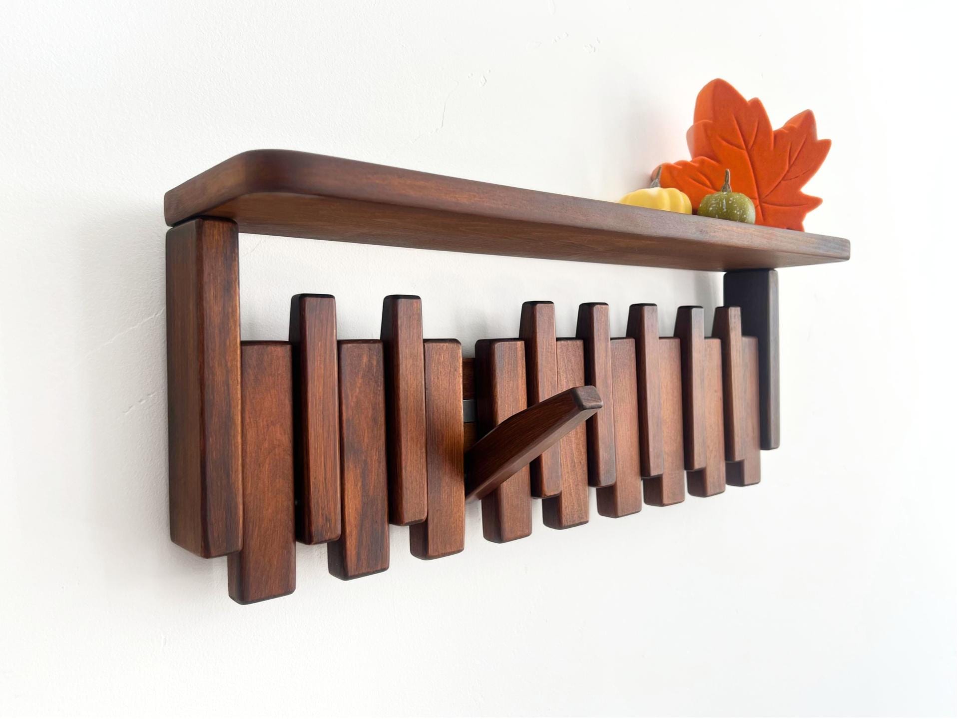 Solid Wood Piano Coat Rack Shelf, Floating Shelf with Hooks, Modern Entryway Mudroom Organizer
