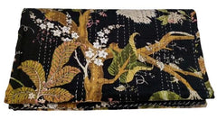 Hand Block Print Cotton Kantha Quilt, Black Floral Bedding