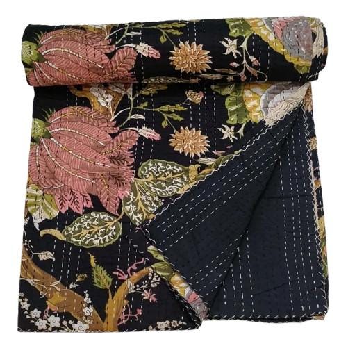 Hand Block Print Cotton Kantha Quilt, Black Floral Bedding