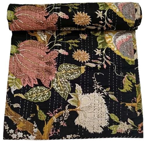 Hand Block Print Cotton Kantha Quilt, Black Floral Bedding