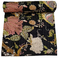 Hand Block Print Cotton Kantha Quilt, Black Floral Bedding