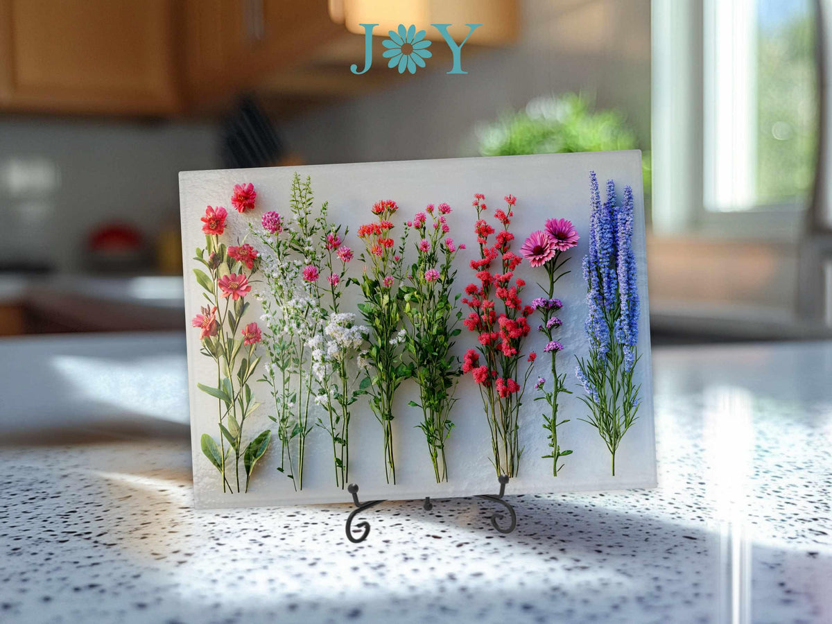 Glass Cutting Board - Wildflowers Tempered Glass Chopping Board - Cheese and Charcuterie Glass Cutting Board - Kitchen Decor Gift Idea