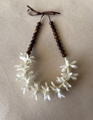 White Pikake Flower and Sandalwood Car Lei, 18" Rearview Mirror Charm