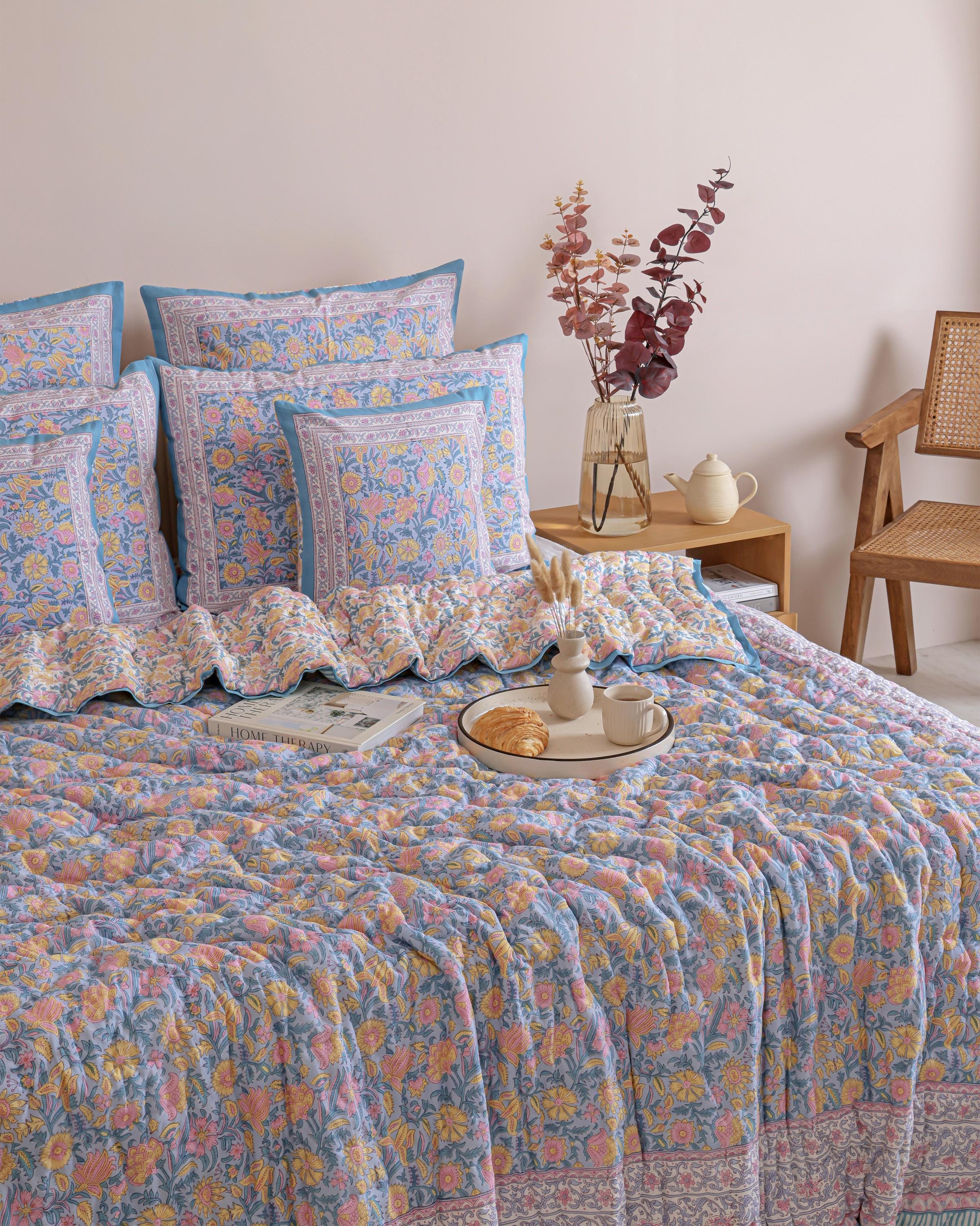 Sky Blue Floral Hand Block Printed Cotton Quilt, Botanical Flower Comforter, Reversible All Season Bedspread, Boho Queen King Bedding