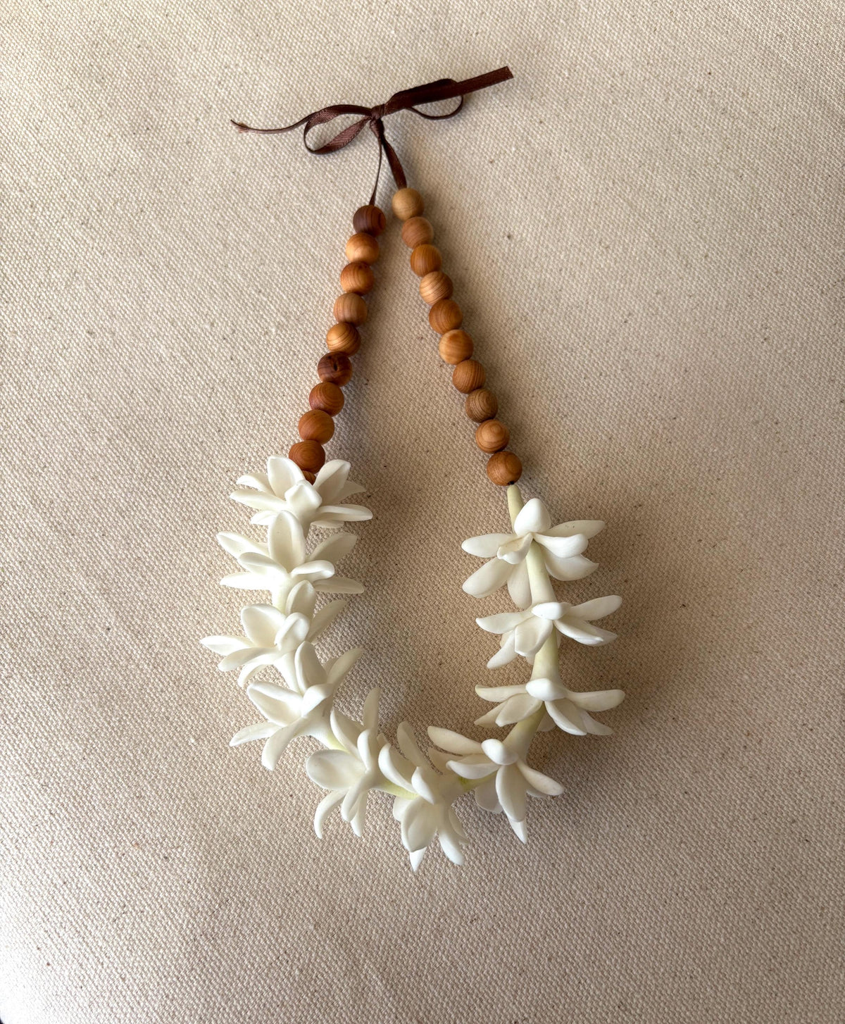 White Pikake Flower and Sandalwood Car Lei, 18" Rearview Mirror Charm