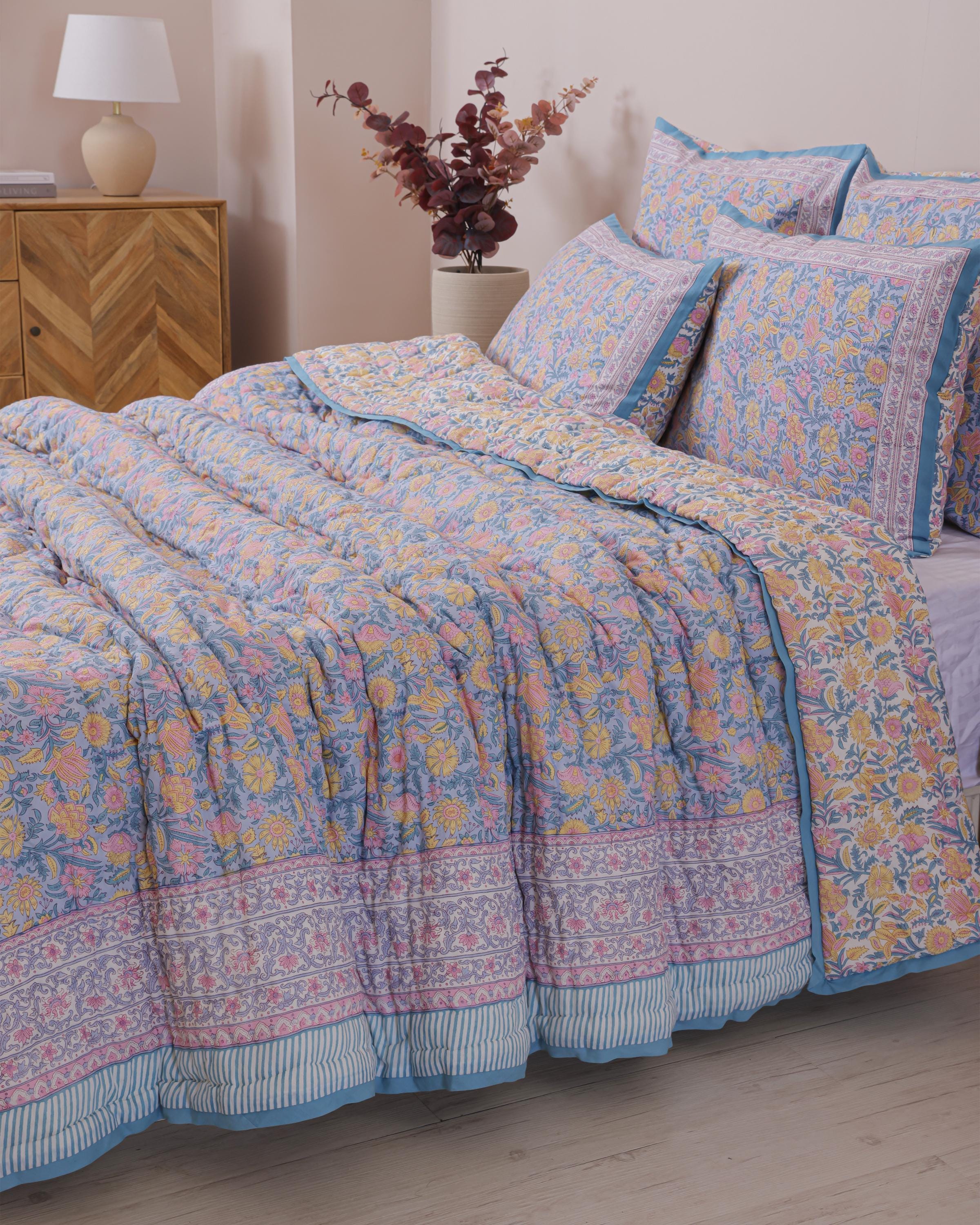Sky Blue Floral Hand Block Printed Cotton Quilt, Botanical Flower Comforter, Reversible All Season Bedspread, Boho Queen King Bedding