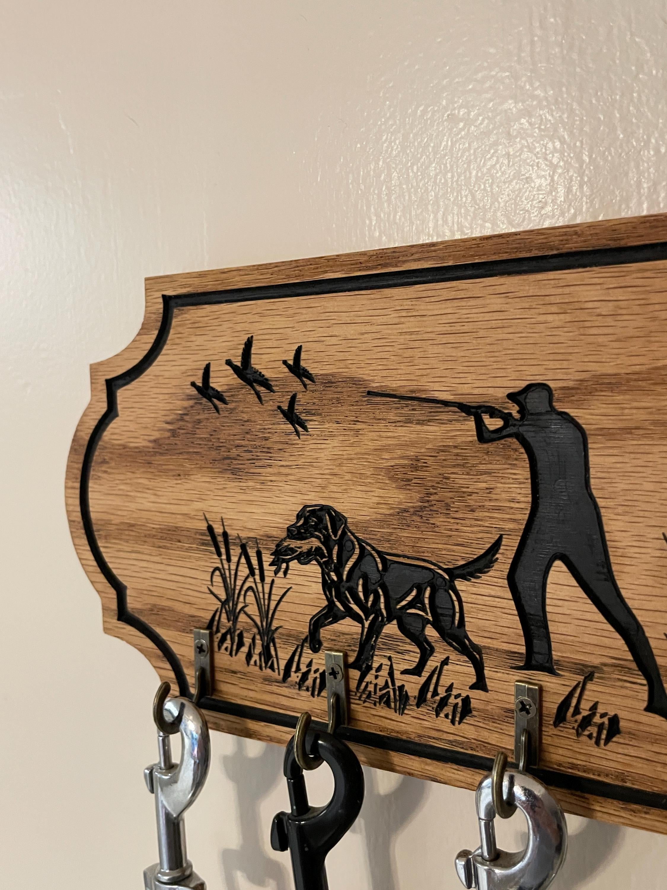 Oak Wood Leash Holder with Labrador Silhouette and Four Hooks