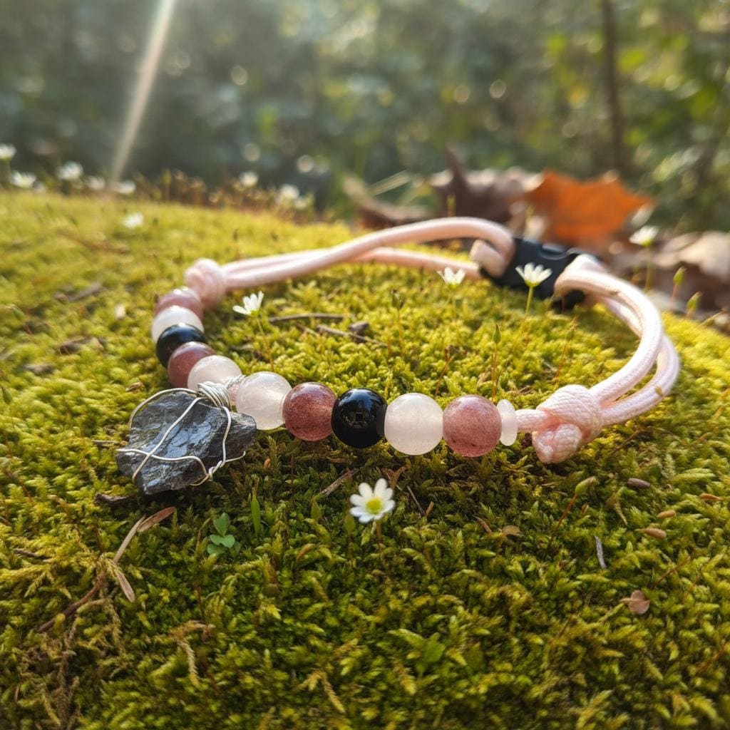 Crystal Pet Collar with Smoky Quartz, Obsidian, Rose Quartz, and Clear Quartz