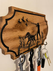 Oak Wood Leash Holder with Labrador Silhouette and Four Hooks