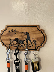 Oak Wood Leash Holder with Labrador Silhouette and Four Hooks