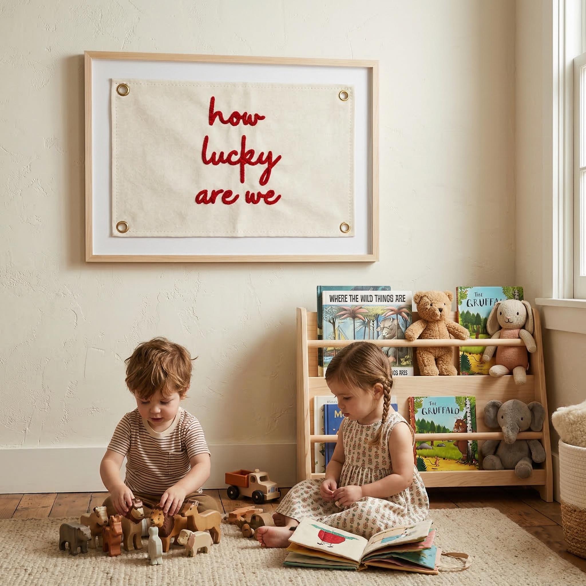 How Lucky Are We Banner, Embroidered Wall Decor, Pennant, Positive Quote