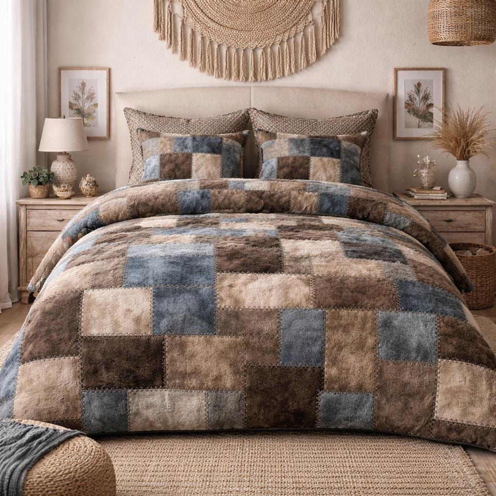 Boho Patchwork Duvet Cover Set, Blue Beige Rustic Bedding, Vintage Quilt Style Comforter Cover, Neutral Earth Tone Bedding with Pillow Shams