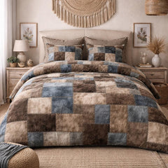 Boho Patchwork Duvet Cover Set, Blue Beige Rustic Bedding, Vintage Quilt Style Comforter Cover, Neutral Earth Tone Bedding with Pillow Shams