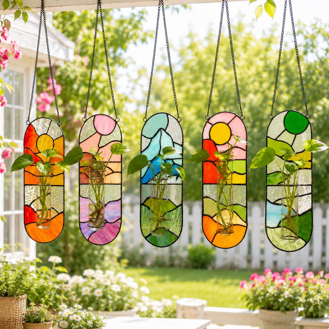 Stained Glass Propagation Station Suncatcher, Hanging Glass Planter for Window, Air Plant Holder