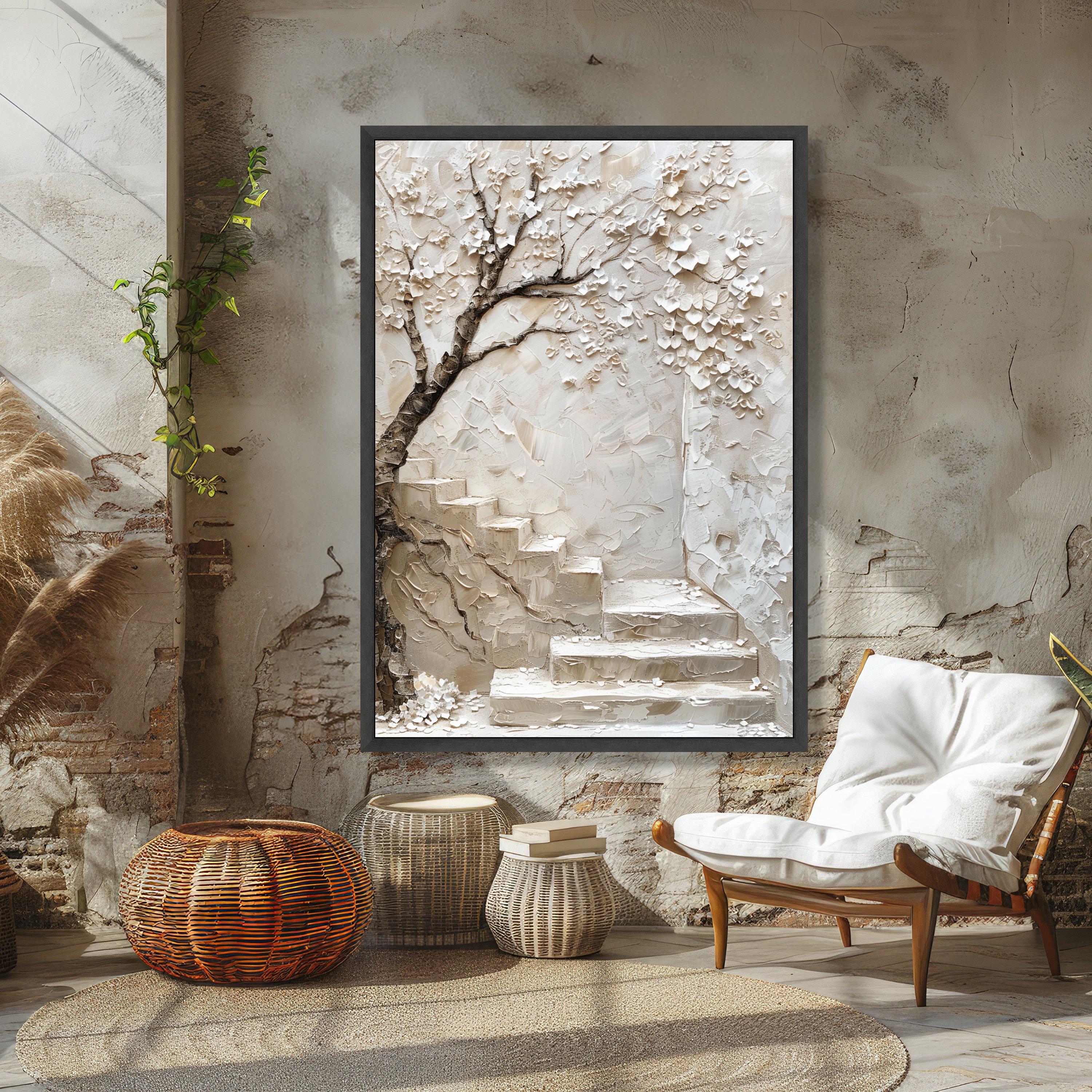 Blossom Tree with Stone Staircase Canvas, Neutral Wall Art, Floral Home Decoration, Nature Scene Canvas