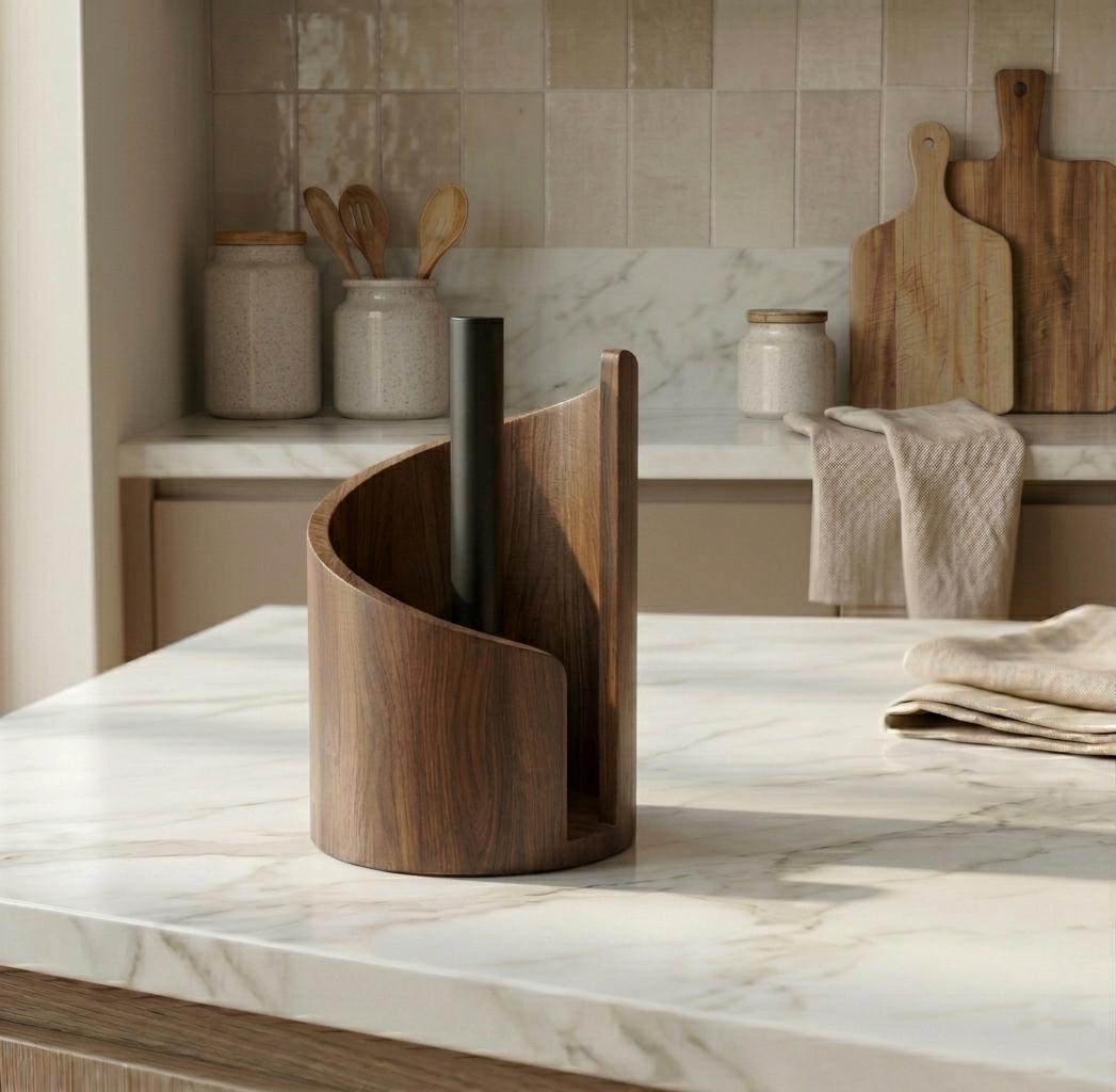 Wooden Paper Towel Holder Stand | Modern Kitchen Roll Dispenser | Freestanding Countertop Organizer