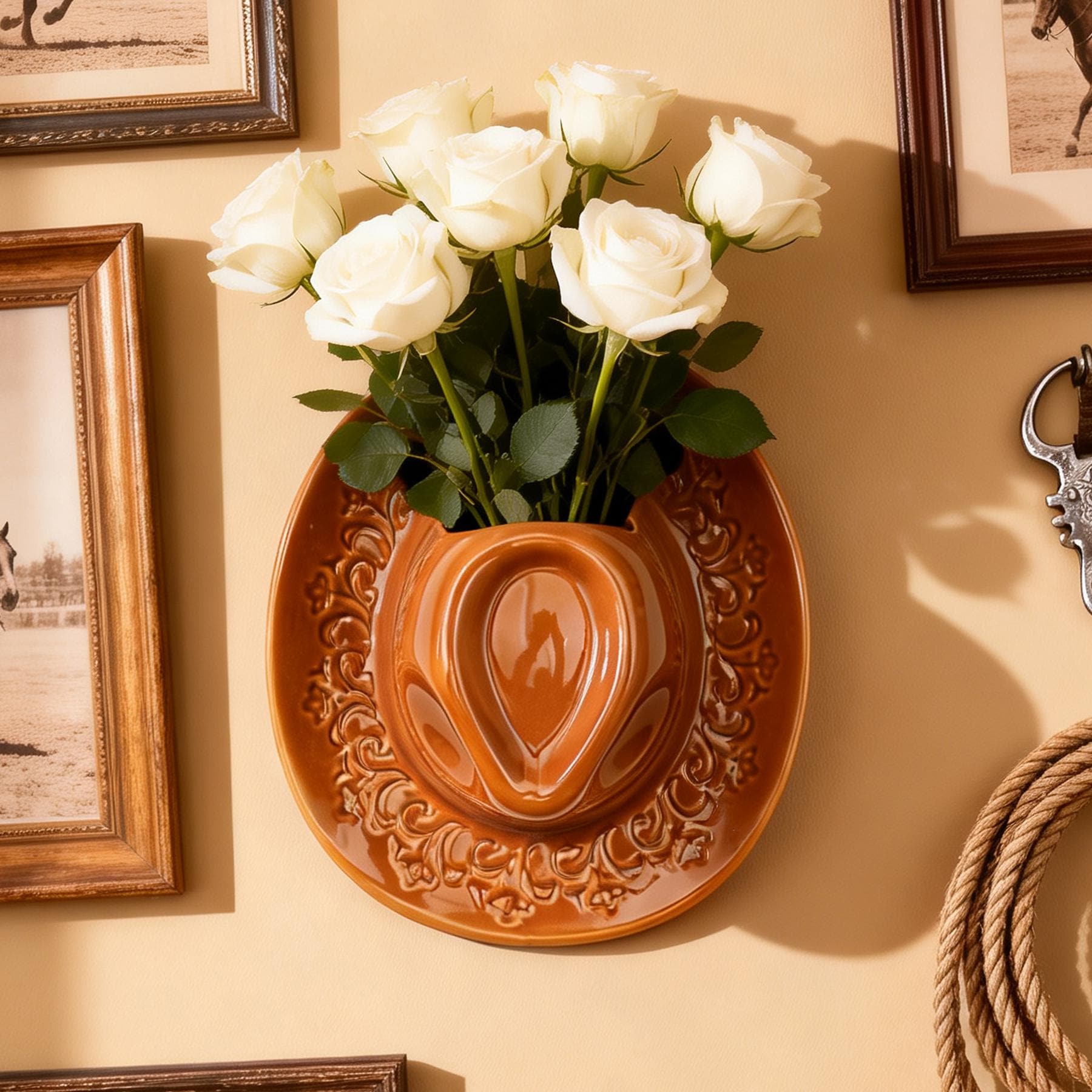 Ceramic Cowboy Hat Wall Vase, Embossed Floral Western Decor, Pink Beige Brown Flower Pocket