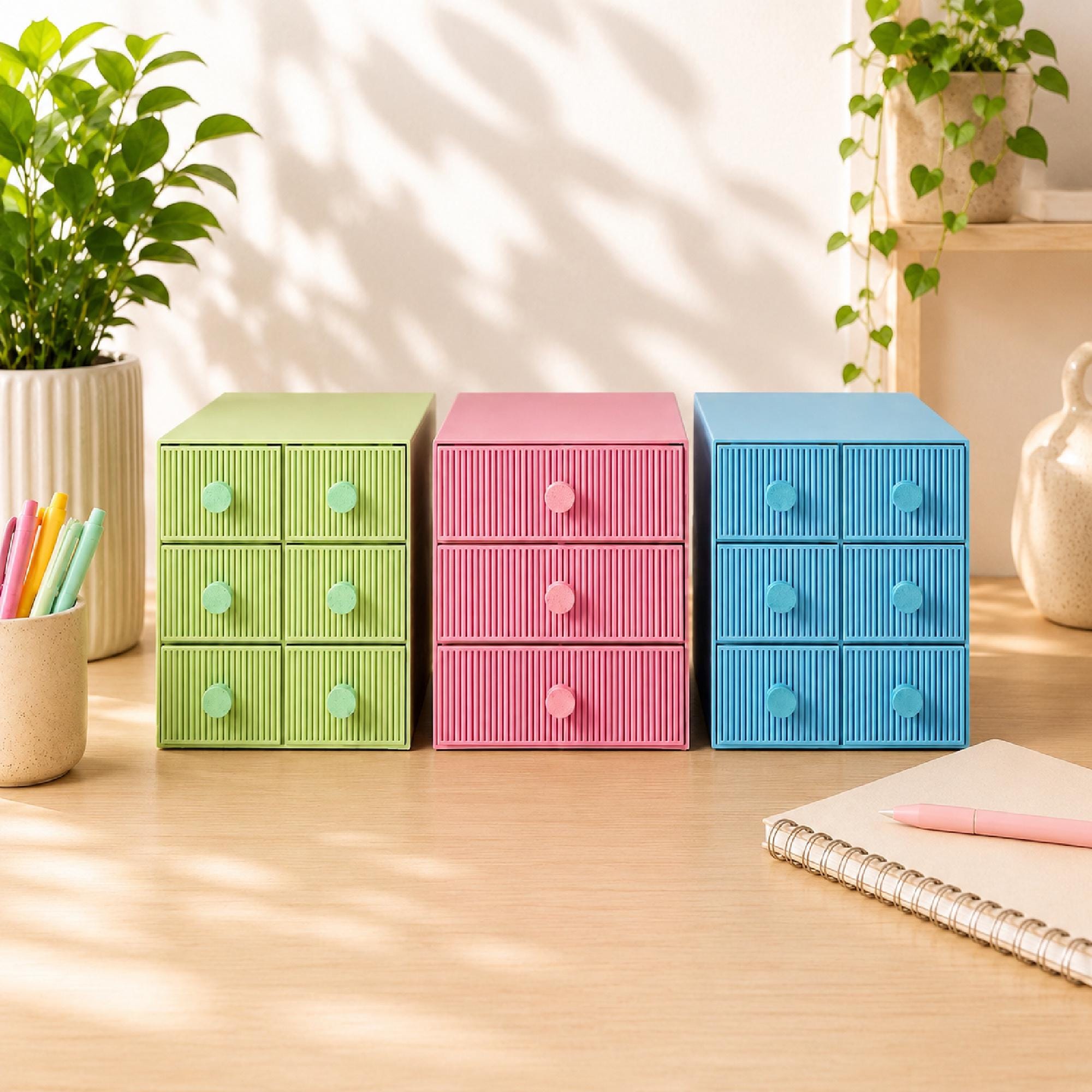 3/6 Drawer Modern Slat Desk Organizer, Desktop Storage for Office Supplies, Makeup, Craft Supplies & Home Office Decor