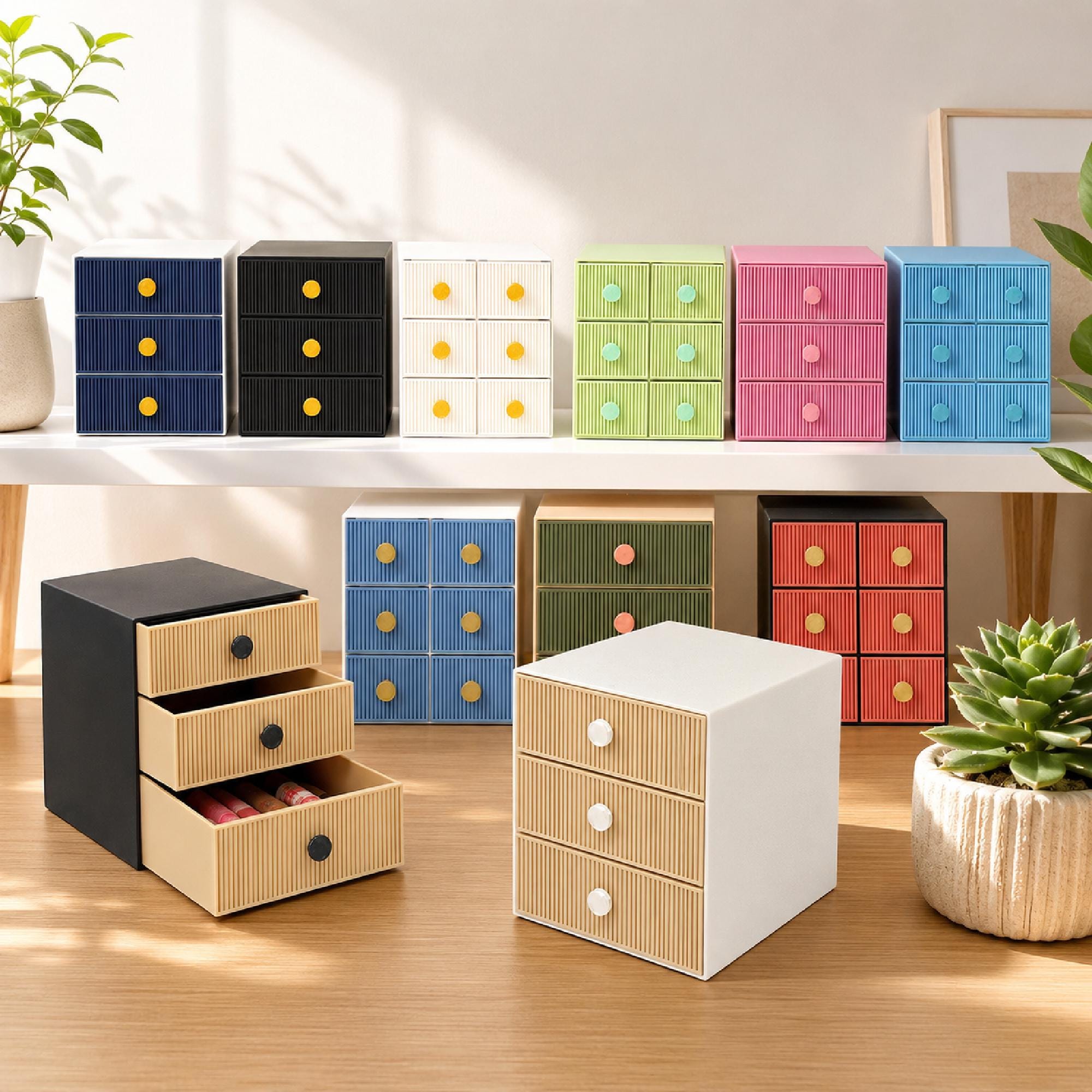 3/6 Drawer Modern Slat Desk Organizer, Desktop Storage for Office Supplies, Makeup, Craft Supplies & Home Office Decor