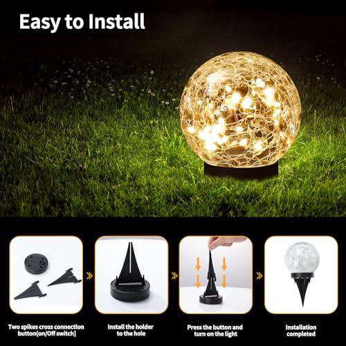 Set of 2 Cracked Glass Solar Globe Lights, Waterproof Outdoor Garden Orbs, Warm White LED Pathway & Patio Night Light Decor