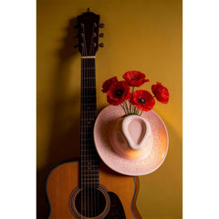 Ceramic Cowboy Hat Wall Vase, Embossed Floral Western Decor, Pink Beige Brown Flower Pocket