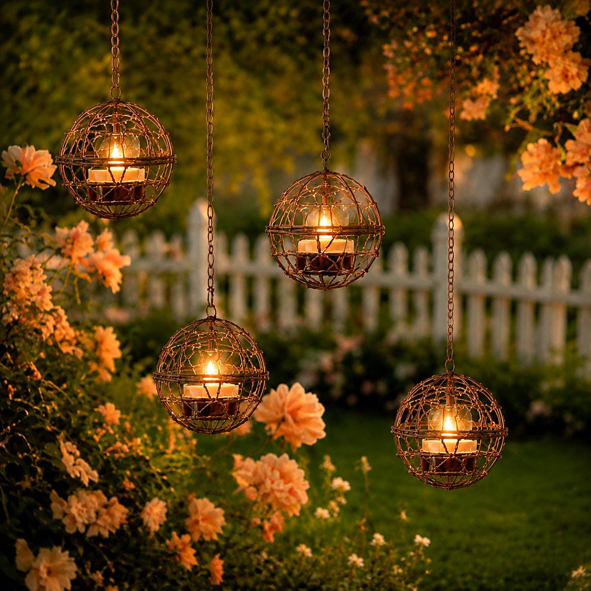 Outdoor Hanging Wire Globe Lanterns, Cozy Patio & Garden Candle Lights, Rustic Wedding Glow, Pergola Hanging Orbs, String Lights