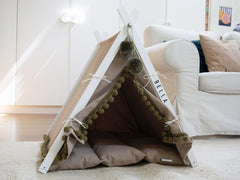 Boho Khaki Dog Teepee Bed. Personalized Pug, Frenchie Gift. Custom Japandi Pet Tent