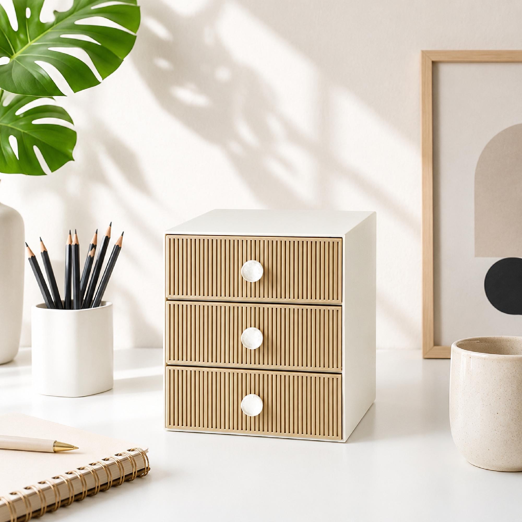3/6 Drawer Modern Slat Desk Organizer, Desktop Storage for Office Supplies, Makeup, Craft Supplies & Home Office Decor