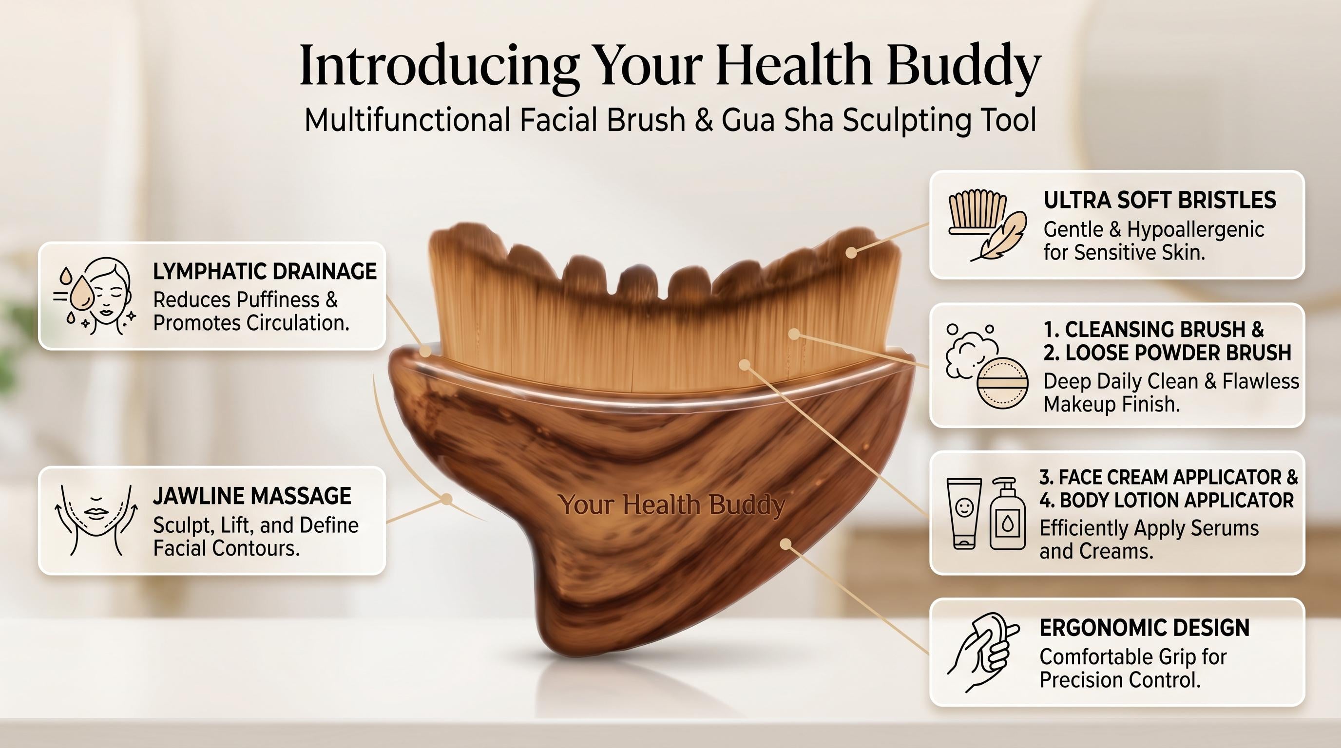 Lymphatic Drainage Facial Brush with Soft Bristles for Massage and Makeup Application