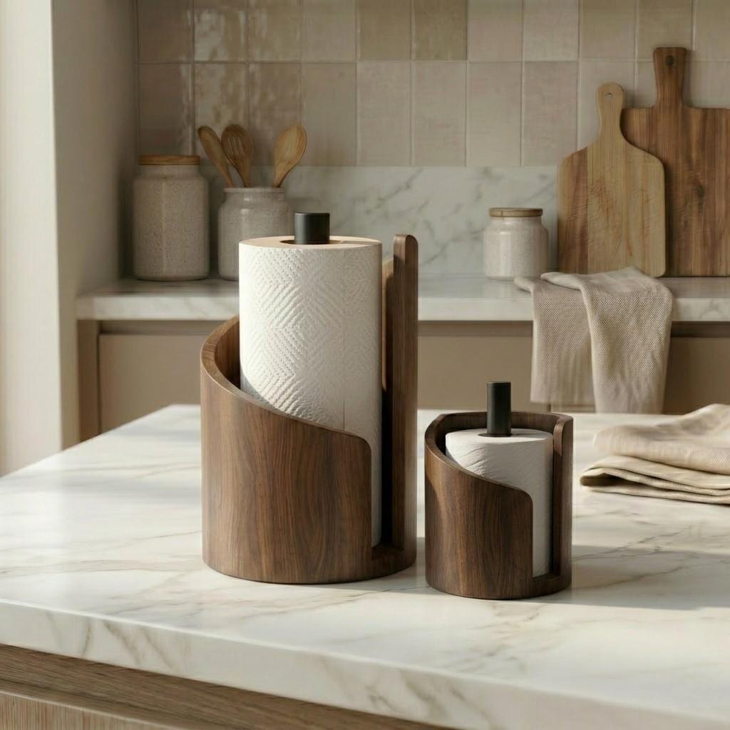 Wooden Paper Towel Holder Stand | Modern Kitchen Roll Dispenser | Freestanding Countertop Organizer