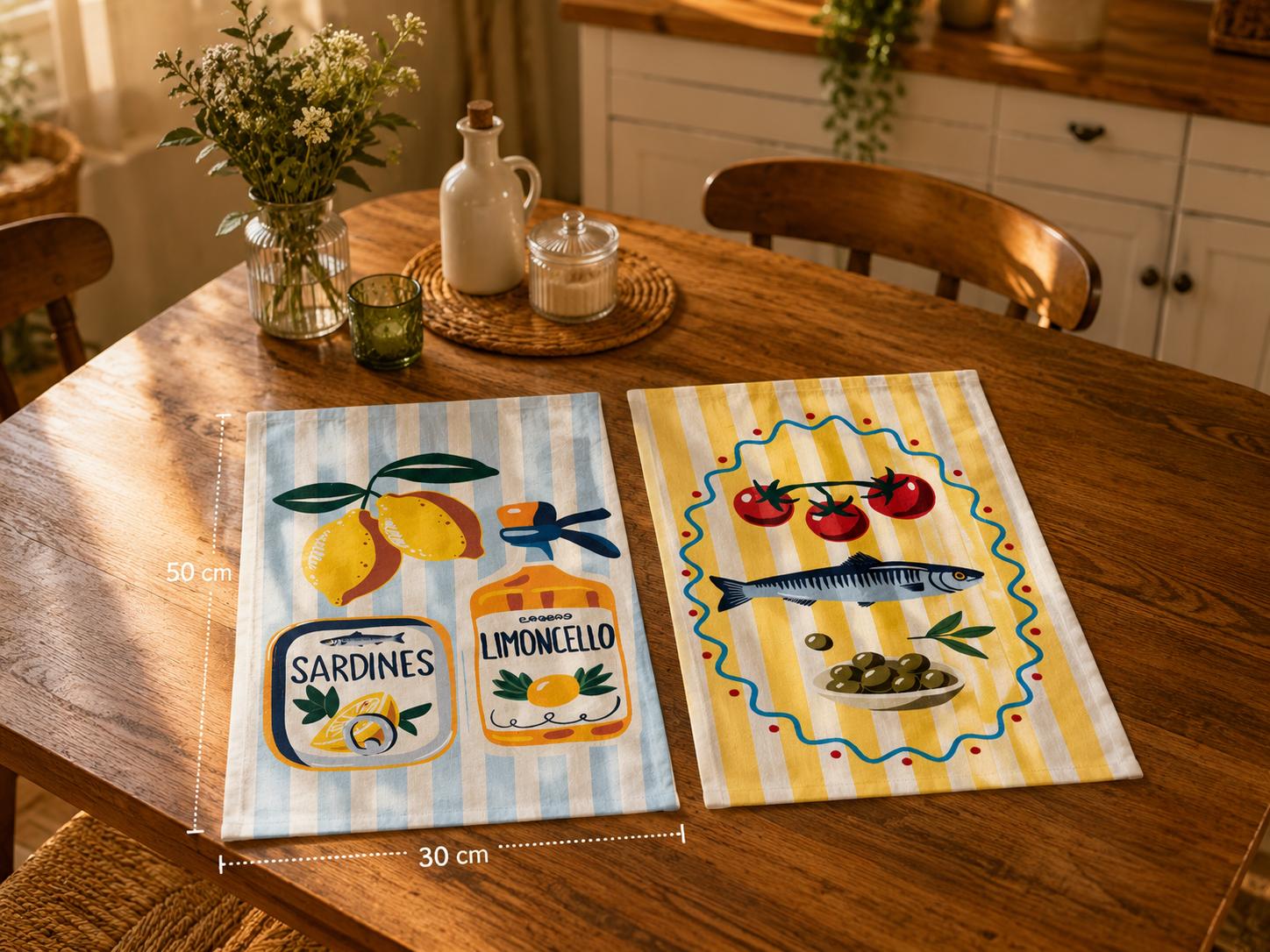 Fish and Tomato Kitchen Towel, Yellow Striped Dish Towel