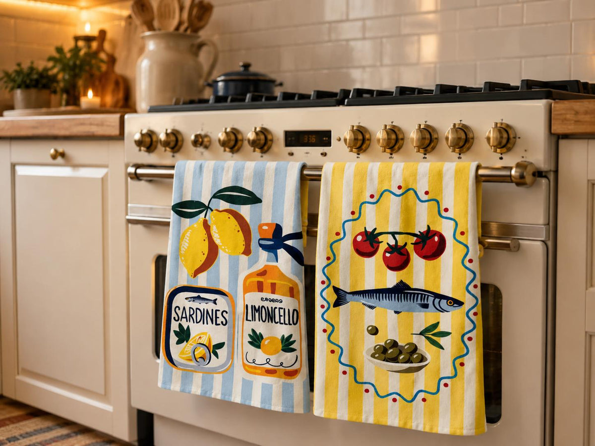 Fish and Tomato Kitchen Towel, Yellow Striped Dish Towel