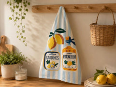Fish and Tomato Kitchen Towel, Yellow Striped Dish Towel