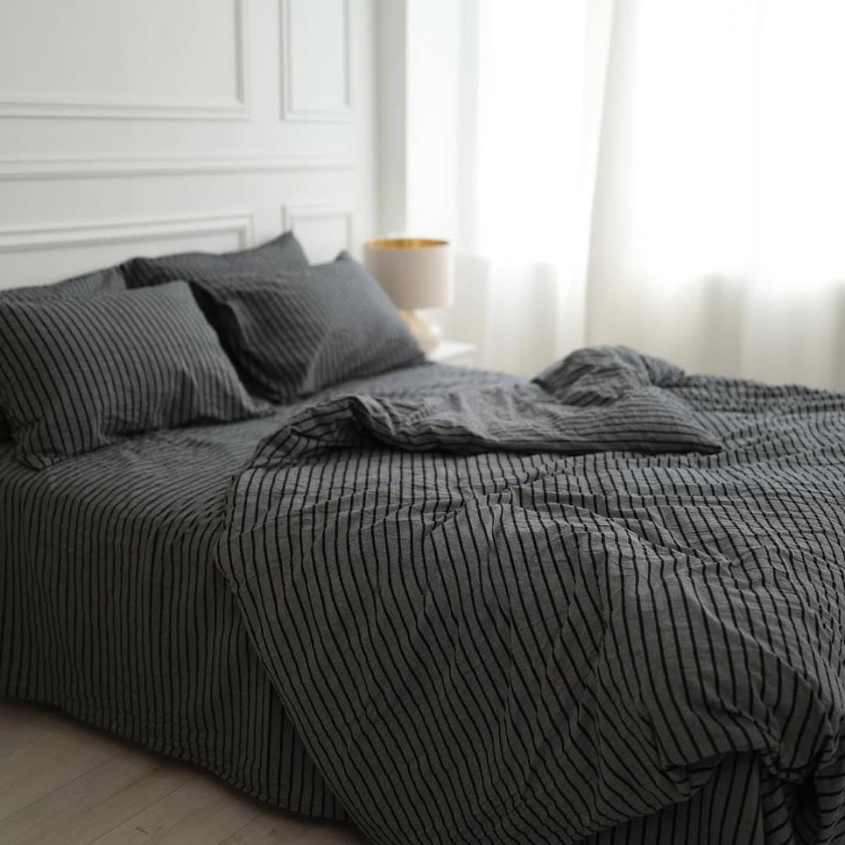 Gray Washed Cotton Bedding With Black Stripes – Duvet Cover Set, Fitted Sheet & Pillowcases