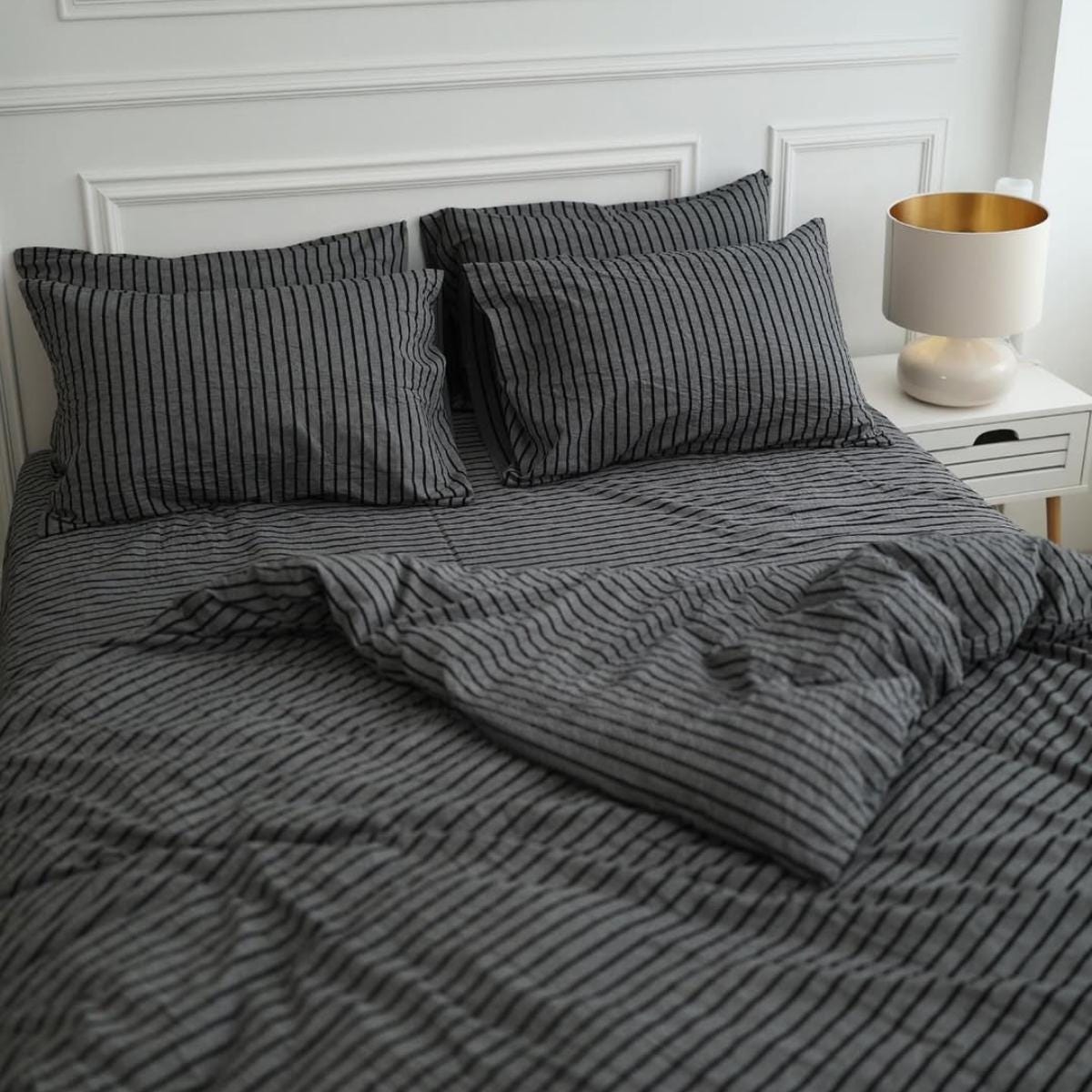 Gray Washed Cotton Bedding With Black Stripes – Duvet Cover Set, Fitted Sheet & Pillowcases