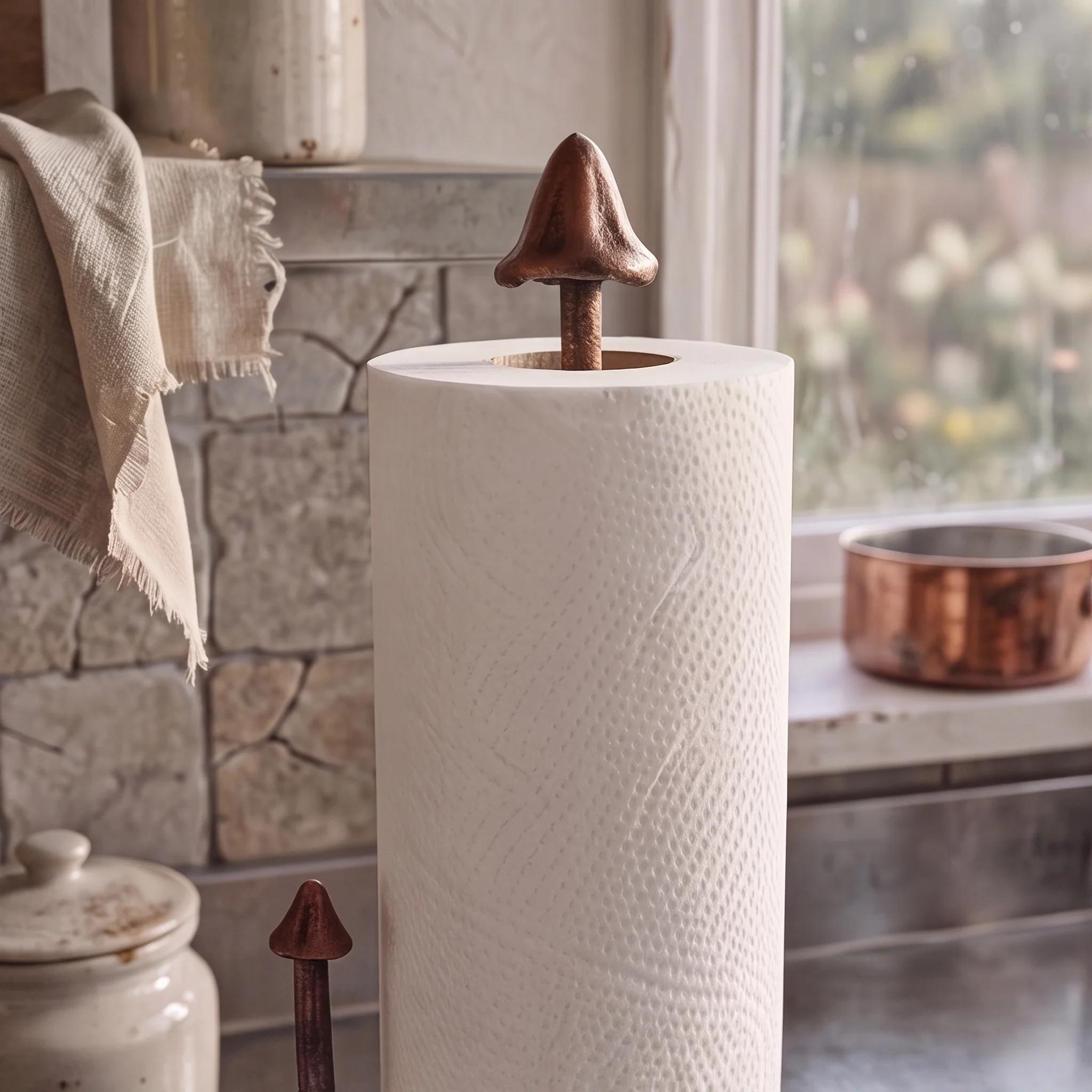 Cast Iron Mushroom Paper Towel Holder, Rustic Copper Finish, 13"